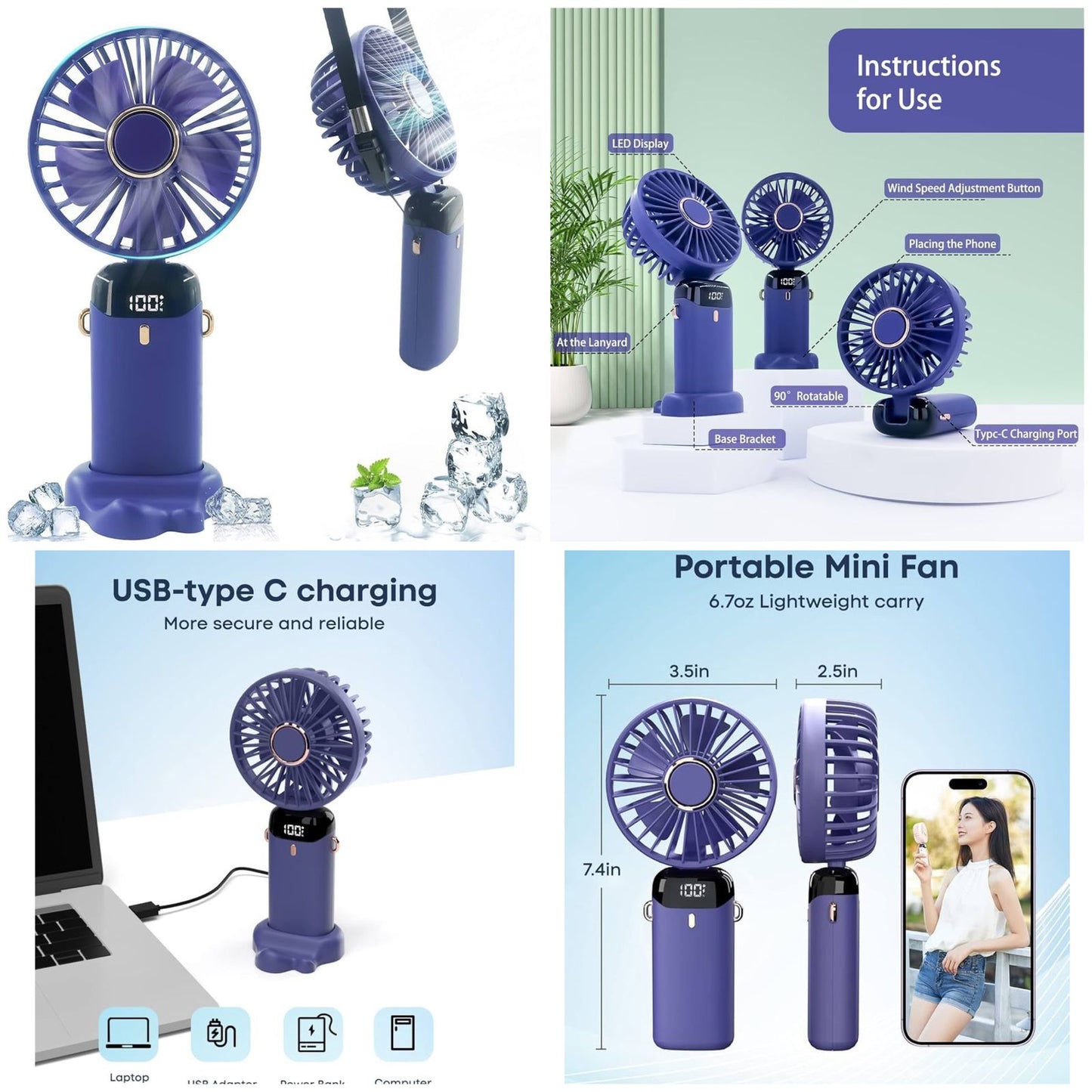 Premium LED Display Portable Mini Fan with hanging strap| Handheld, Desk Fan & Phone Holder
