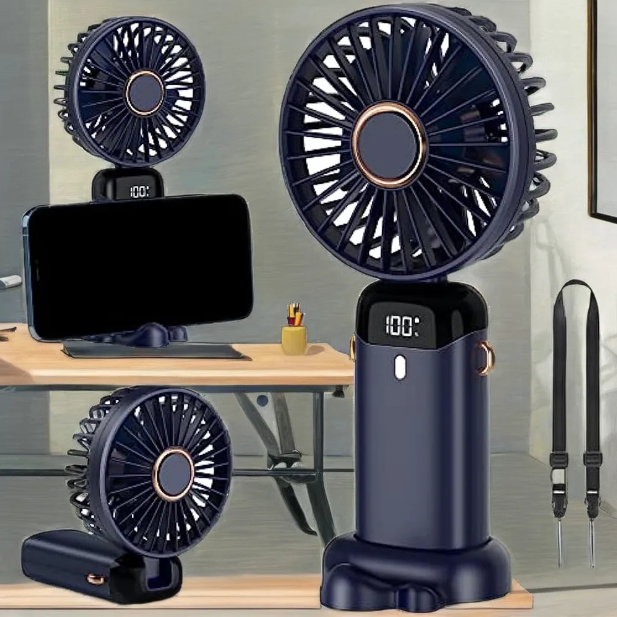 Premium LED Display Portable Mini Fan with hanging strap| Handheld, Desk Fan & Phone Holder